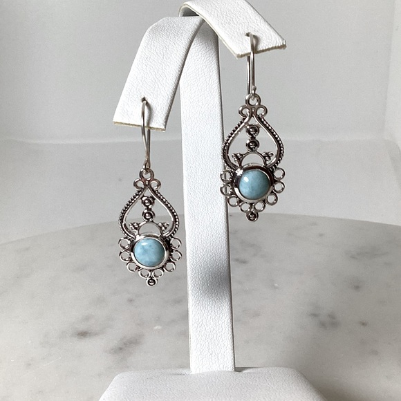 Natural Larimar .925 Sterling Silver Dangle Earrings - Picture 8 of 17